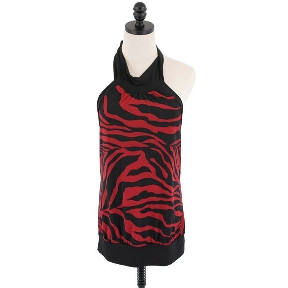 Fleurish Large Red Black Zebra Stripe Halter Top / Mini‎ Dress Polyester Blend - Picture 1 of 7